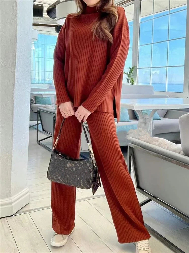 Autumn Winter Women's Knitted Tracksuit Set with Half Turtleneck Sweater and Wide Leg Jogging Pants
