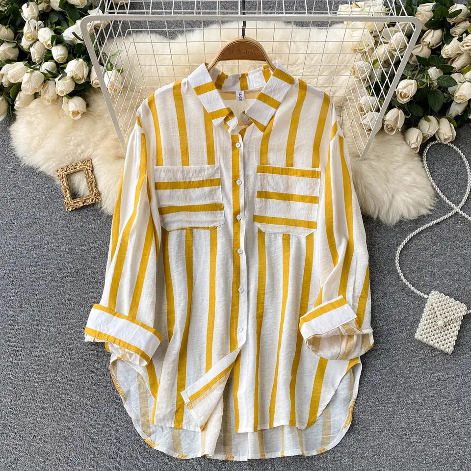 Elegant Medium Length Vertical Stripe Shirt Jacket for Women Casual Loose Fitting Korean Style Blouse