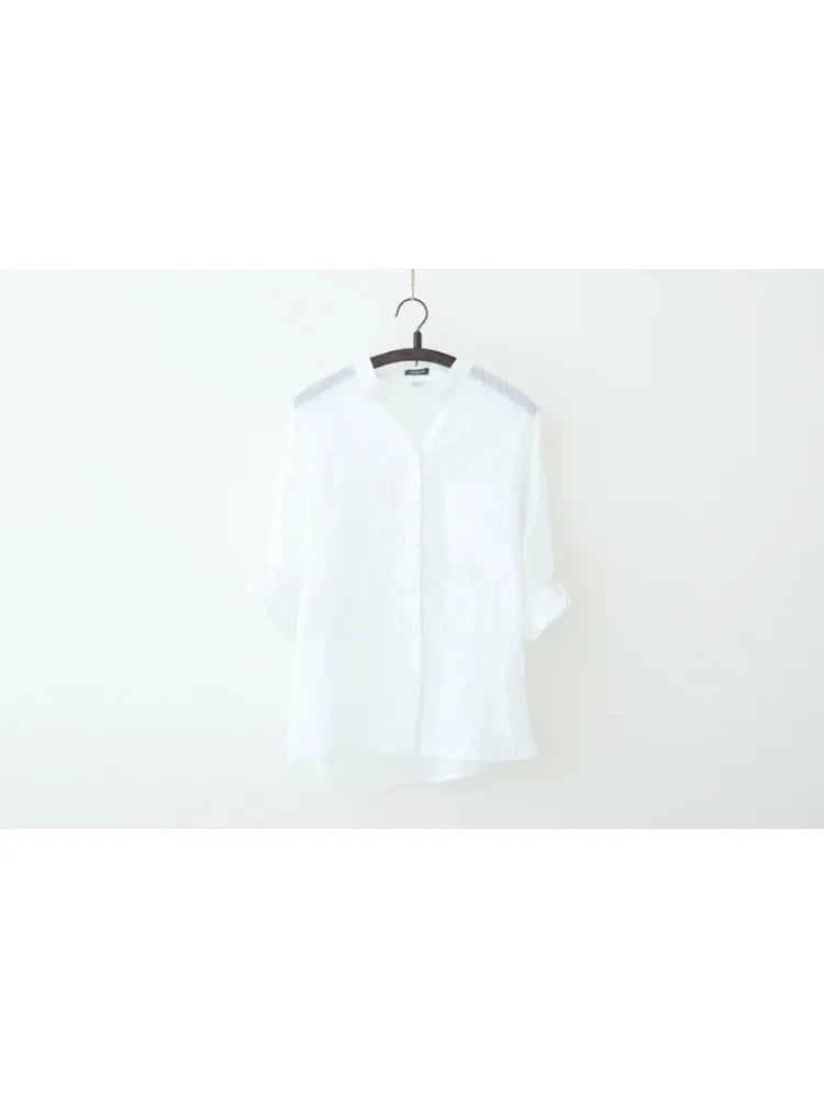 Elegant Feminine Cotton Linen Blouse Large Size Vintage Style Summer Shirt for Women Fashionable Lightweight Korean Inspired Top