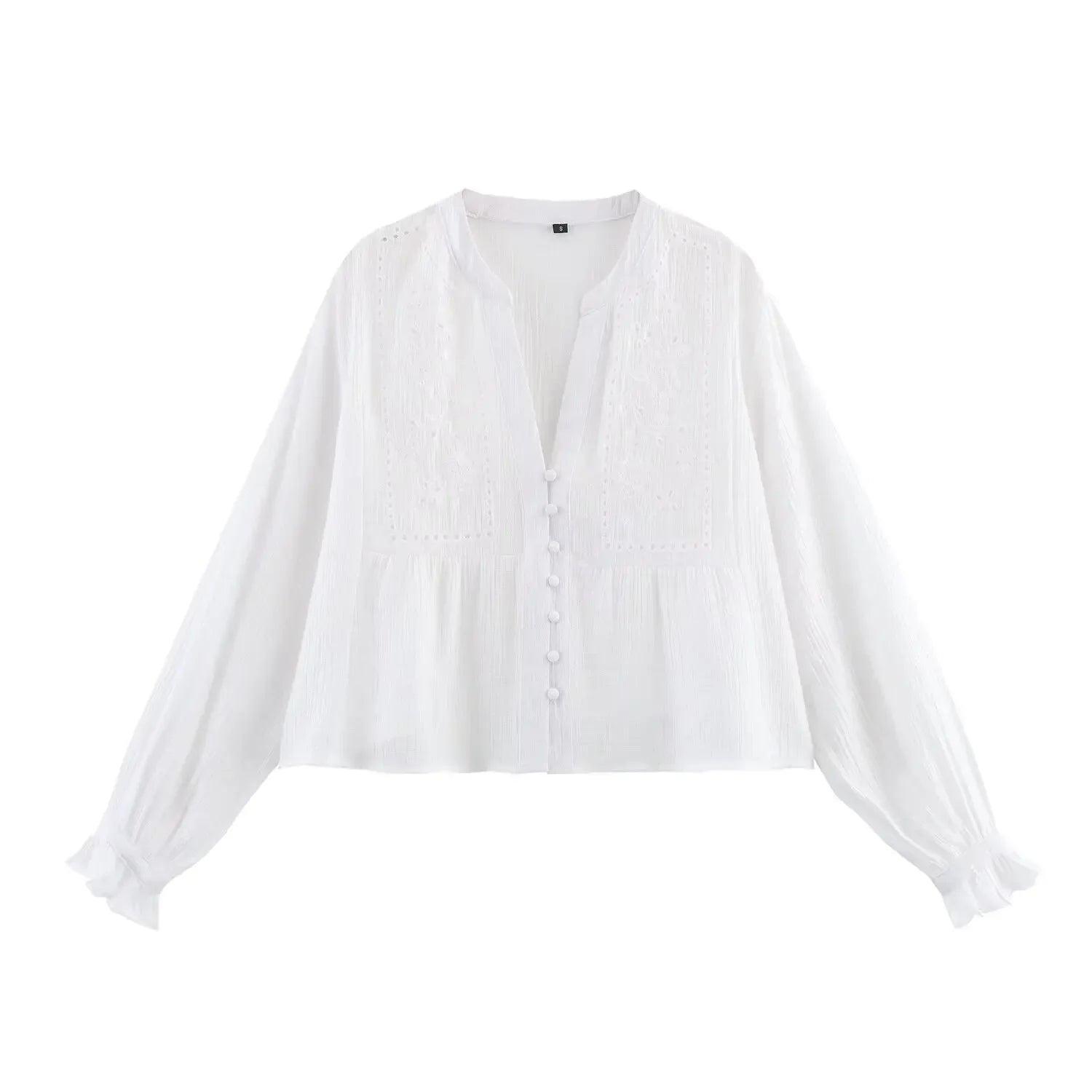 Women's Embroidered V-Neck Long Sleeve Shirt Single-Breasted Loose Hem Casual Chic Top for Spring and Summer
