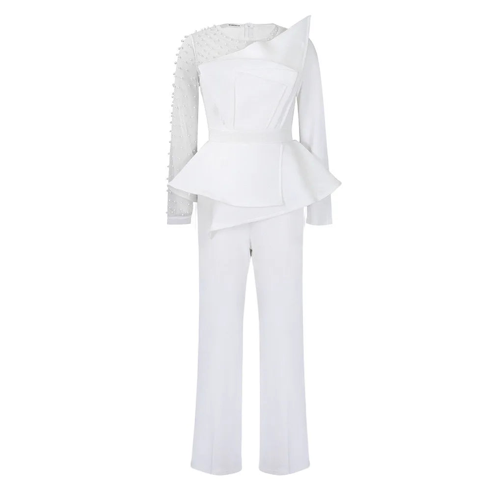 Elegant High Waisted Jumpsuit for Women with Round Neck Beaded Detail and Transparent Sleeves Perfect for Birthday Parties and Special Occasions