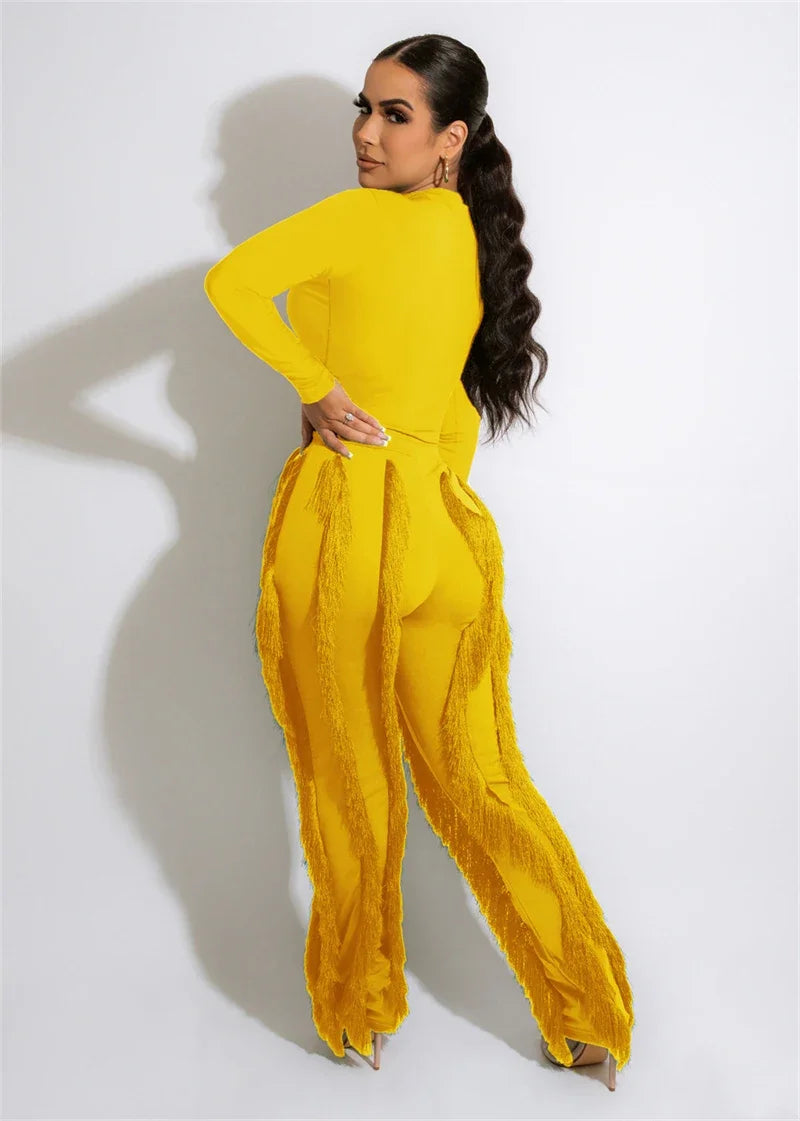 Elegant 2 Piece Women's Outfit Long Sleeve Bodysuit Top and Tassel Pants Set for Autumn Winter