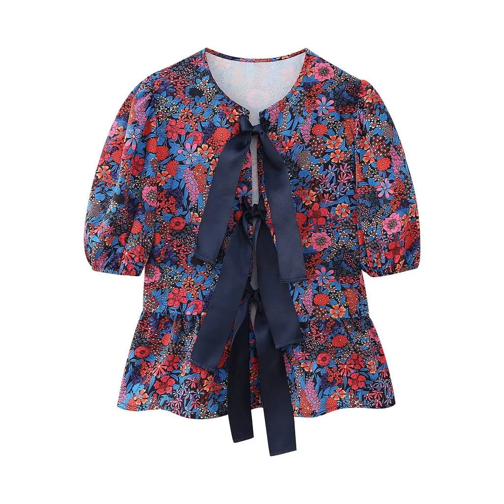 Women Casual Two Piece Set with Bow Decoration O-Neck Top and Button Pants