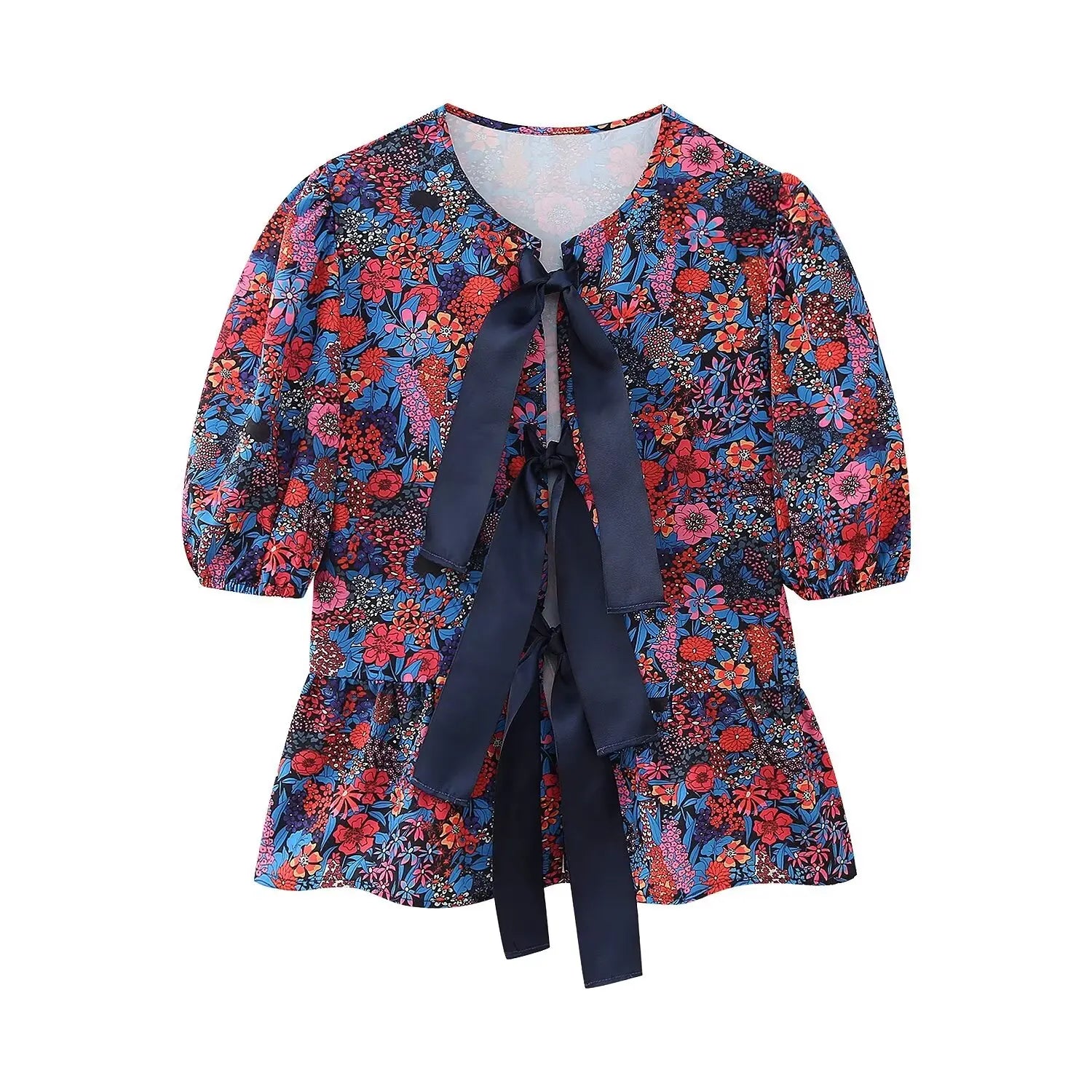 Women Casual Two Piece Set with Bow Decoration O-Neck Top and Button Pants