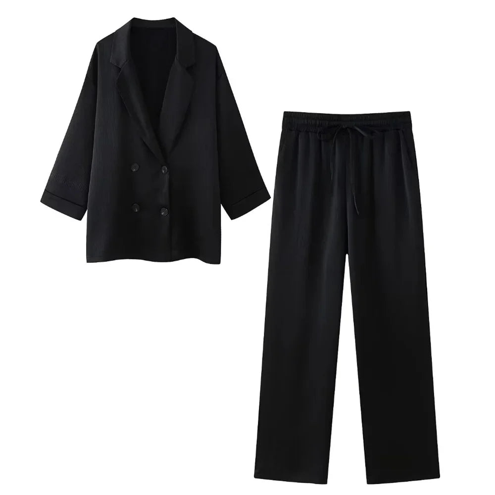 Women's Double-Breasted Blazer and Wide Leg Pants Two Piece Set for Casual Homewear