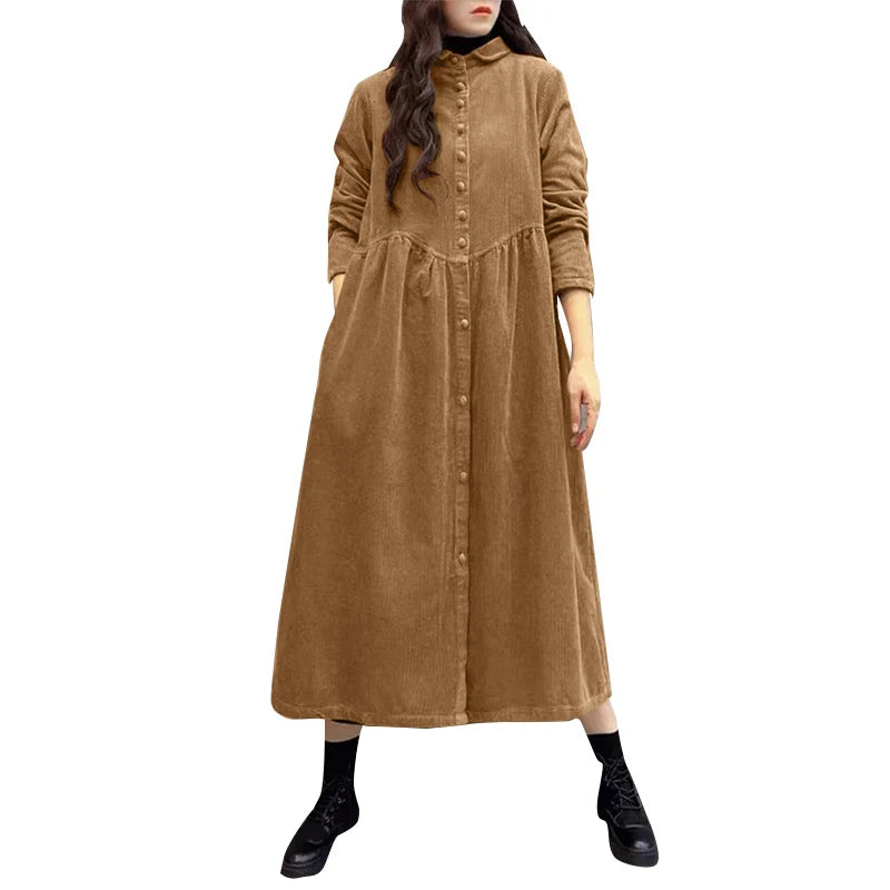 Women Autumn Corduroy Dress With Button Front And Pockets