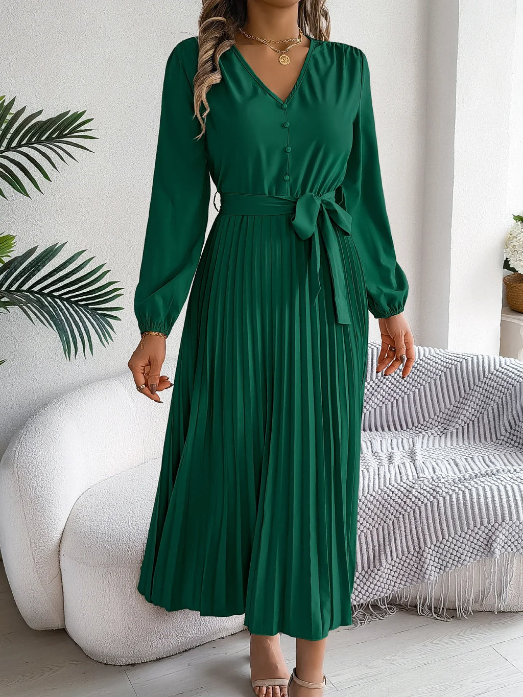 Elegant Autumn V Neck Belted Pleated Long Sleeve Dress