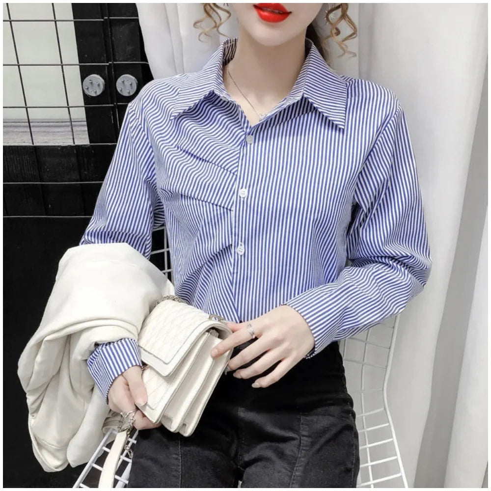 Elegant Office Lady Stripe Shirt with Chic White Long Sleeve Blouse for Casual and Professional Wear