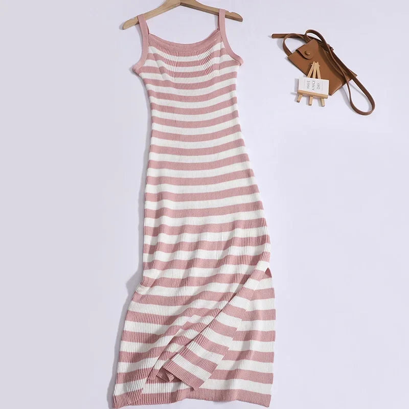 Striped Knit Slip Dress With Slim Waist For Summer Chic
