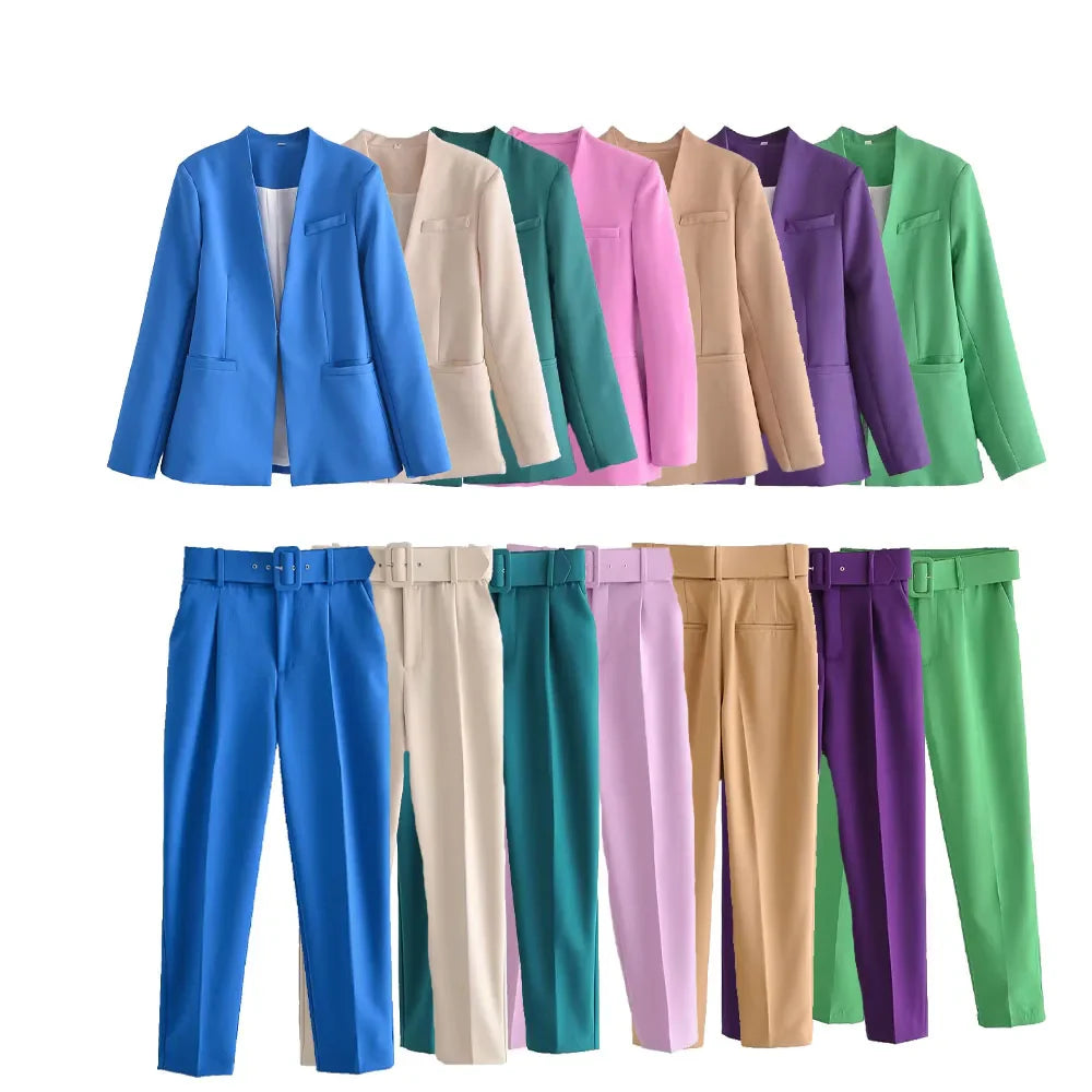Women's Solid Color Suit Set with Buckle Free Belt Design for Spring and Summer Fashion