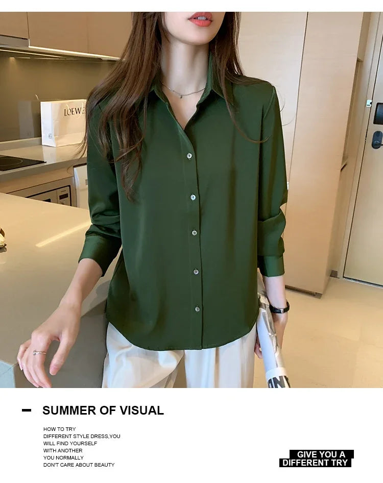 Elegant Satin Long Sleeve Blouse for Women Casual Office Shirt Solid White Basic Top