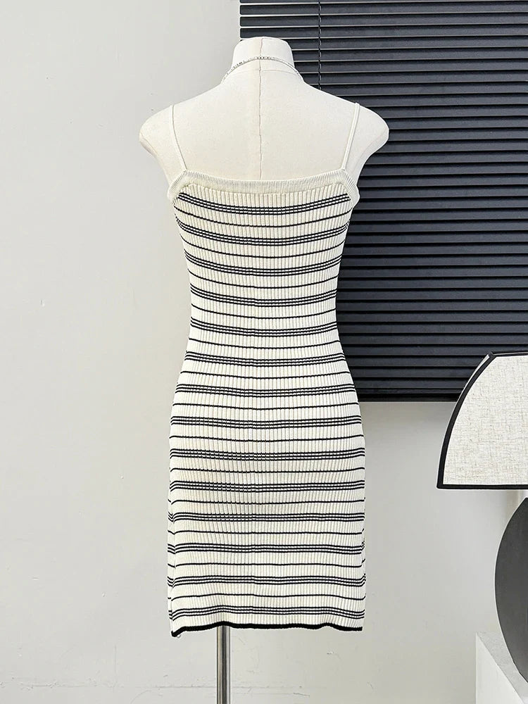 Striped Rib Knit Cami Dress Bodycon Spaghetti Strap Women