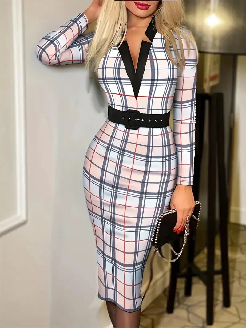 Plaid V Neck Long Sleeve Knee Length Dress For Women