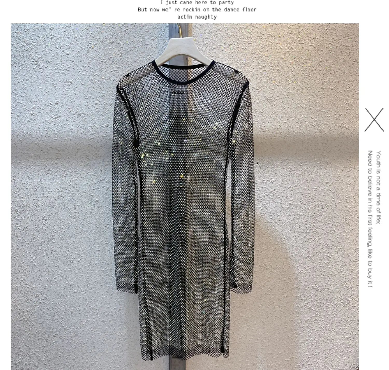 See Through Rhinestone Dress Round Neck Long Sleeve