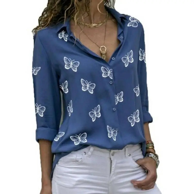 Elegant Women Butterfly Print Loose Fit Long Sleeve Blouse with Turn Down Collar Casual Oversized Office Shirt for Spring and Autumn