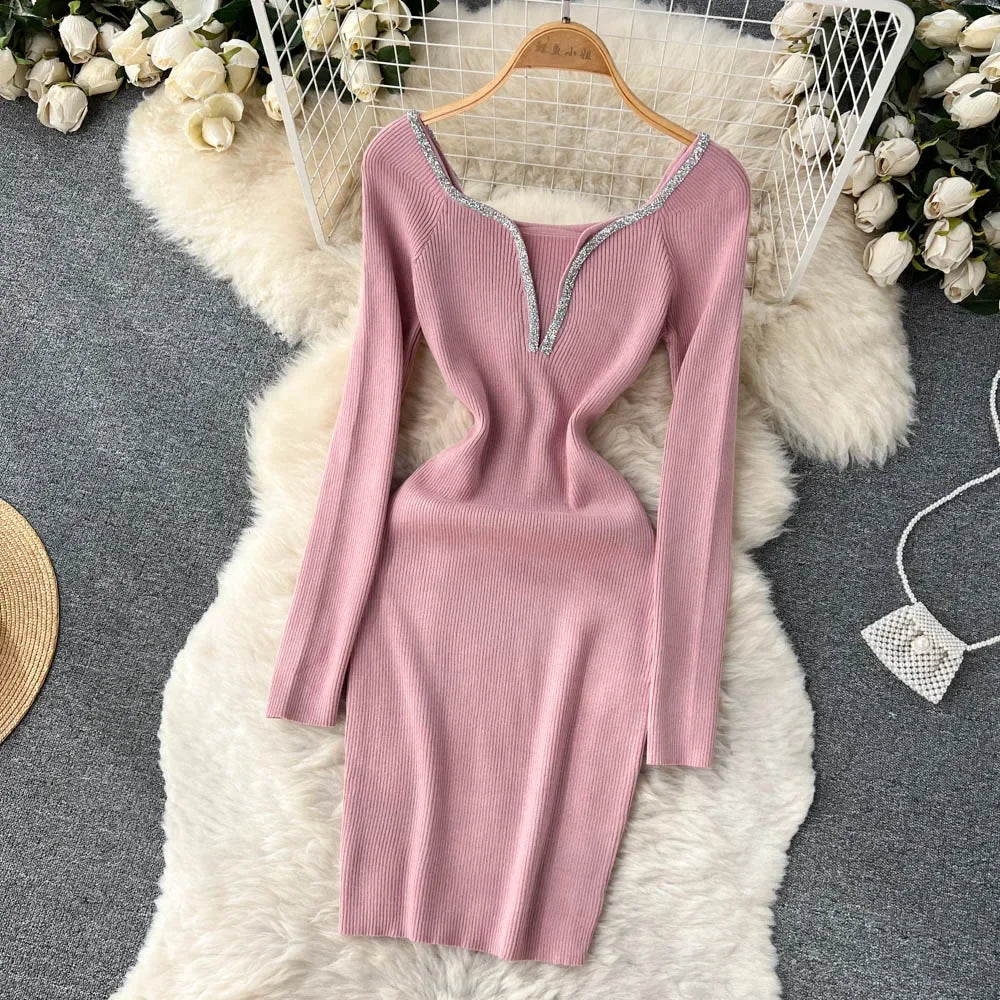 Knit Bodycon Dress For Women Long Sleeve Winter Sweater