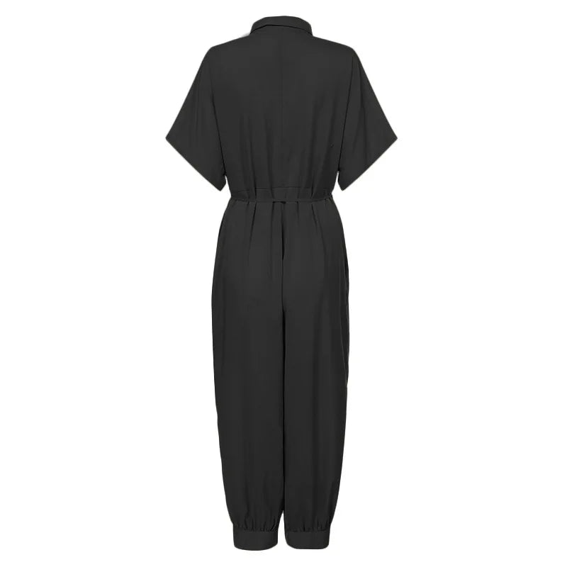 High Waist One Piece Short Sleeve Jumpsuit for Women Casual Summer Bodysuit with Long Pants and Lace-Up Closure Relaxed Fit Playsuit Trousers