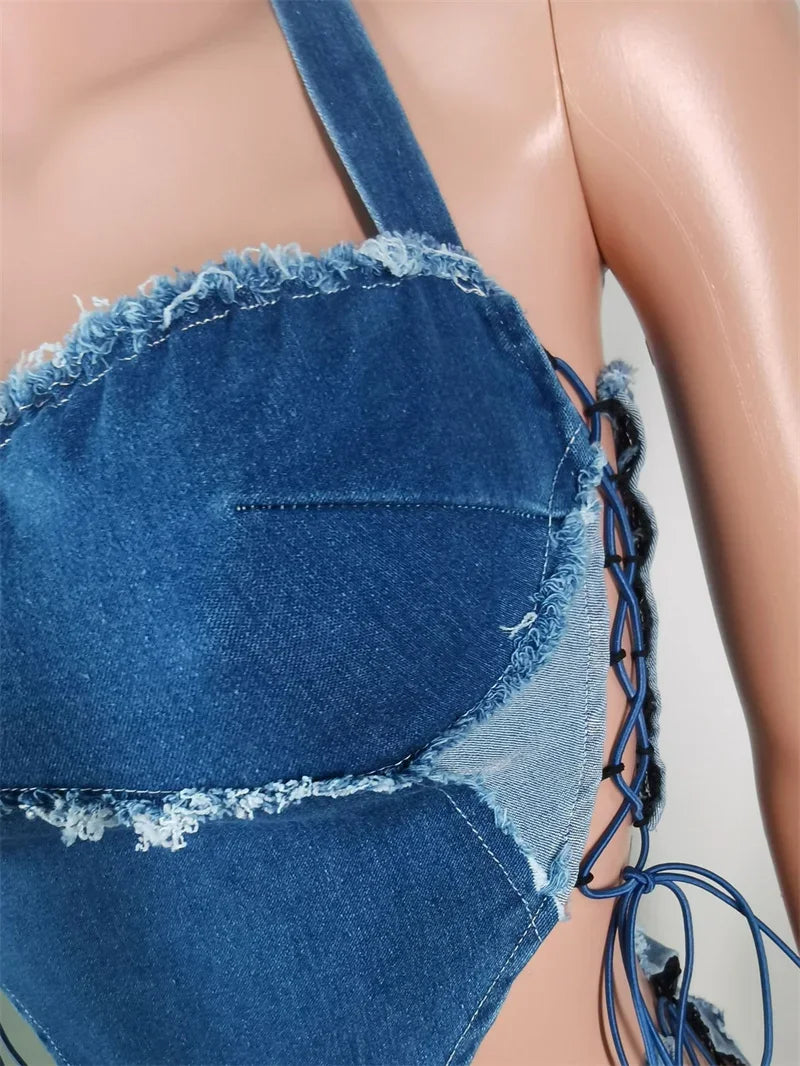 Sexy Denim Halter Lace-Up Crop Top and Mini Skirt Set Women Night Club Festival Y2K Inspired Two-Piece Outfit