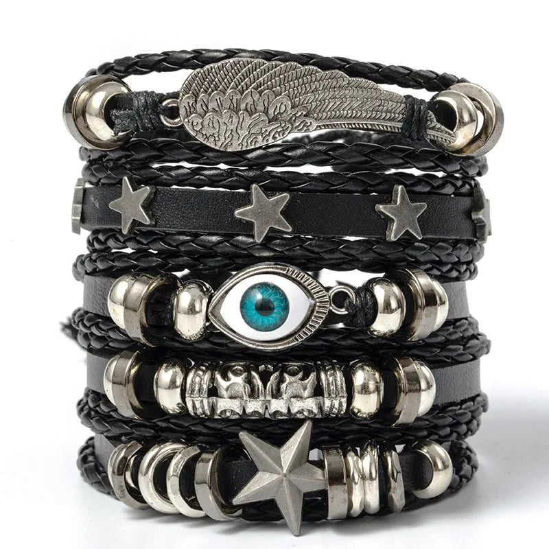6 Piece Black Punk Skull and Star Shaped Alloy and PU Leather Bracelet Set