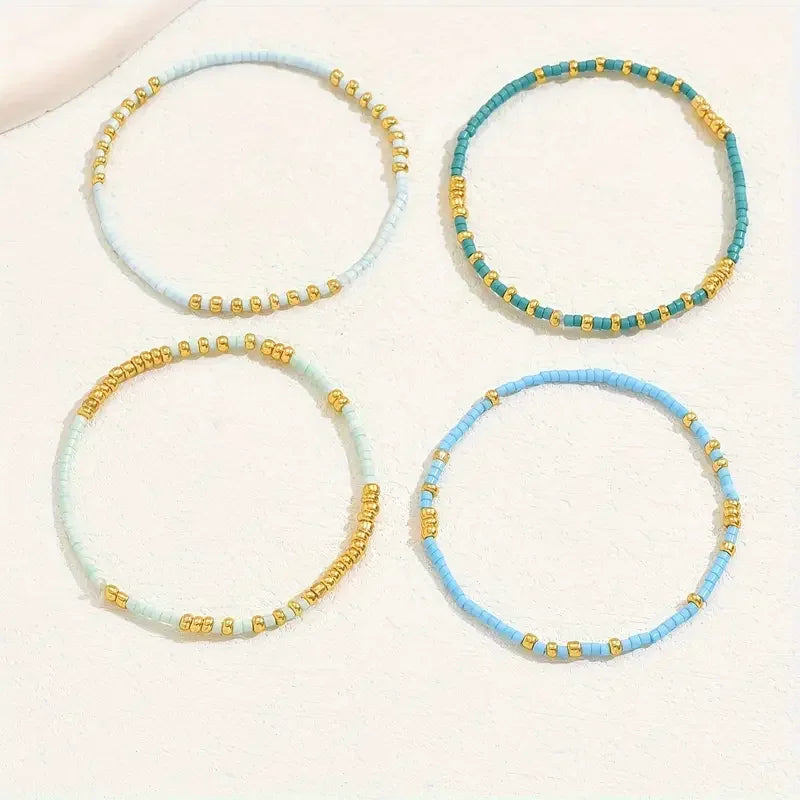 4 Piece Turquoise Seedbead Stretch Bracelet Set for Women - Handmade Bohemian Elastic Jewelry with Gold Color Glass Beads
