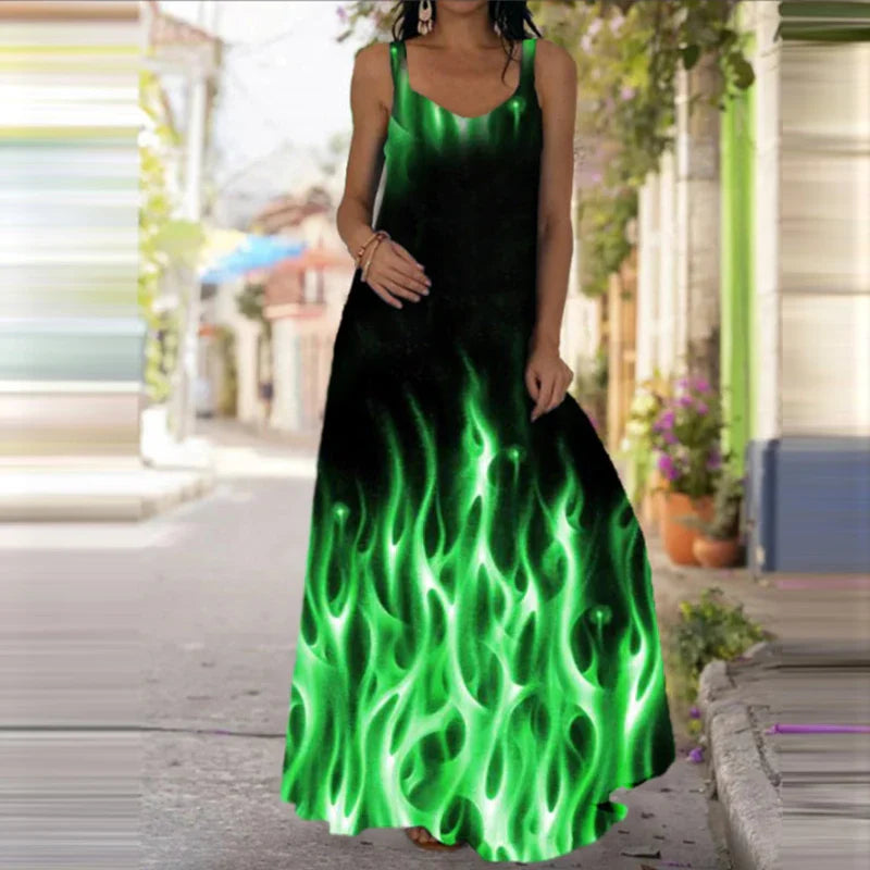 Flame Print Sleeveless Dress For Summer Casual Wear