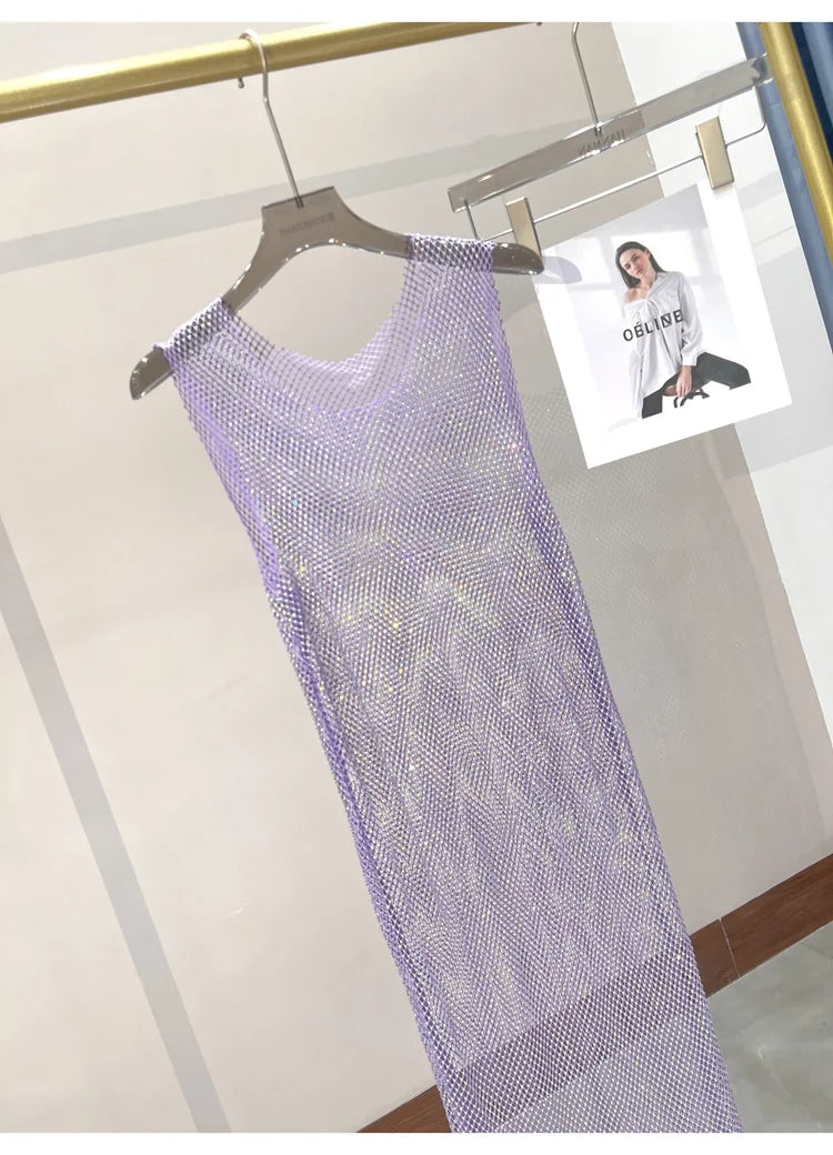 Rhinestone Mesh Midi Dress for Sexy Party and Clubwear