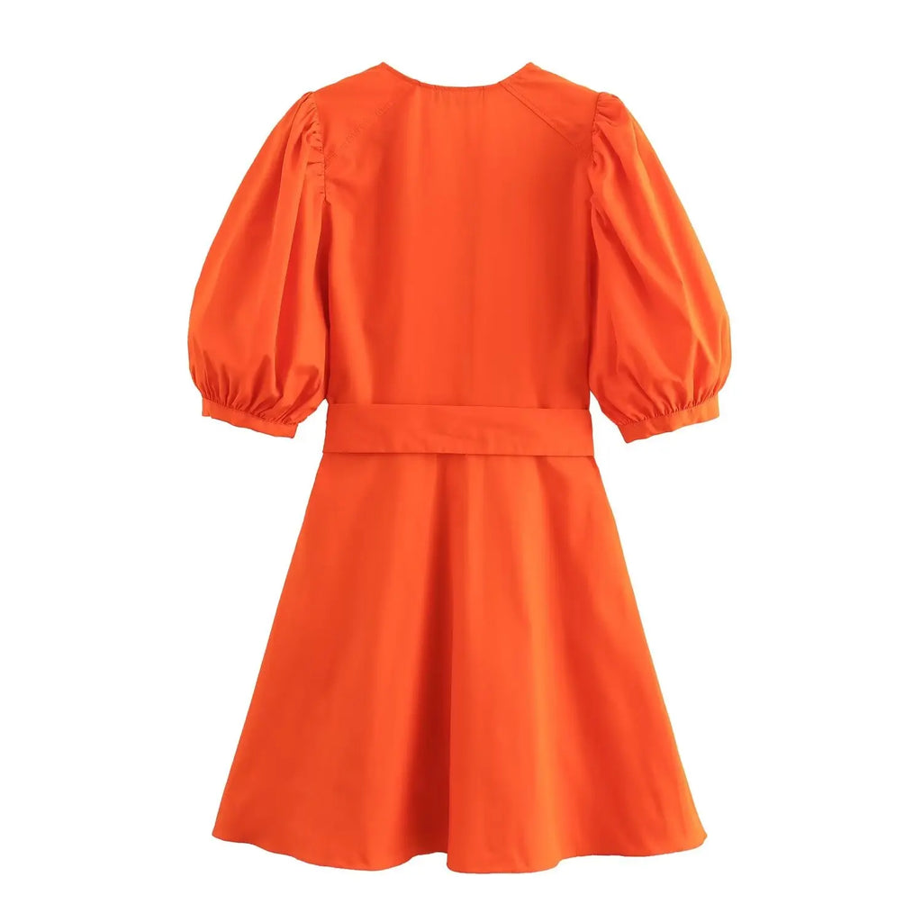 Orange Puff Sleeve Mini Dress With Bow Belt For Women