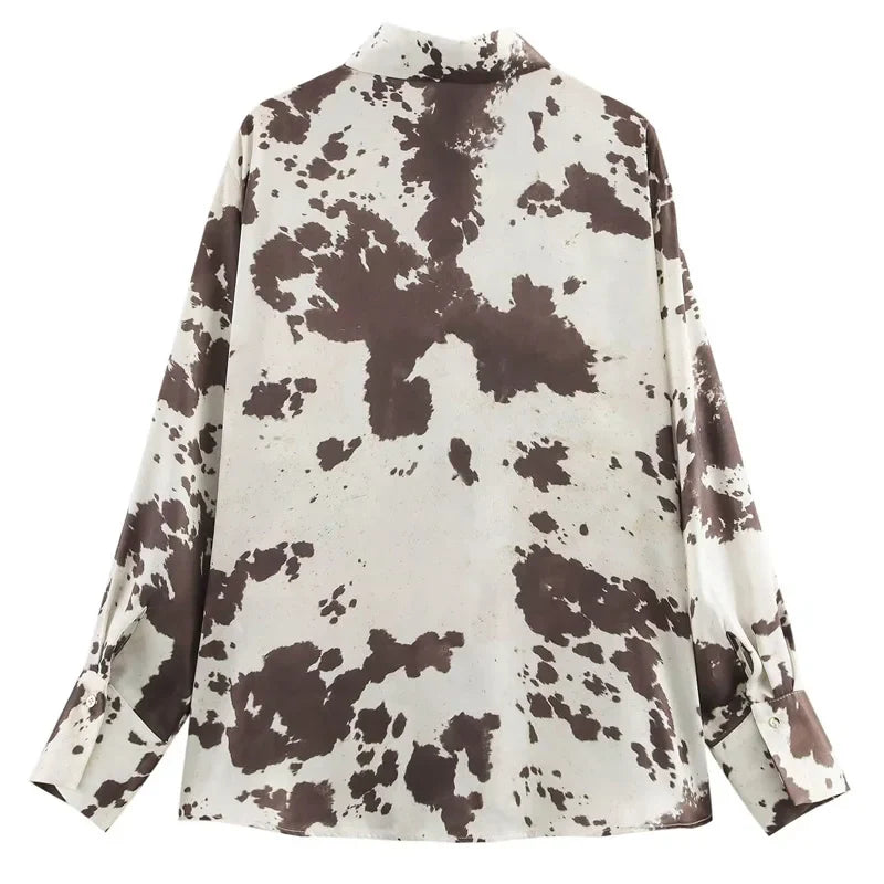 Women's Animal Print Satin Oversized Long Sleeve Blouse Chic Tie Dye Button Up Shirt for Spring