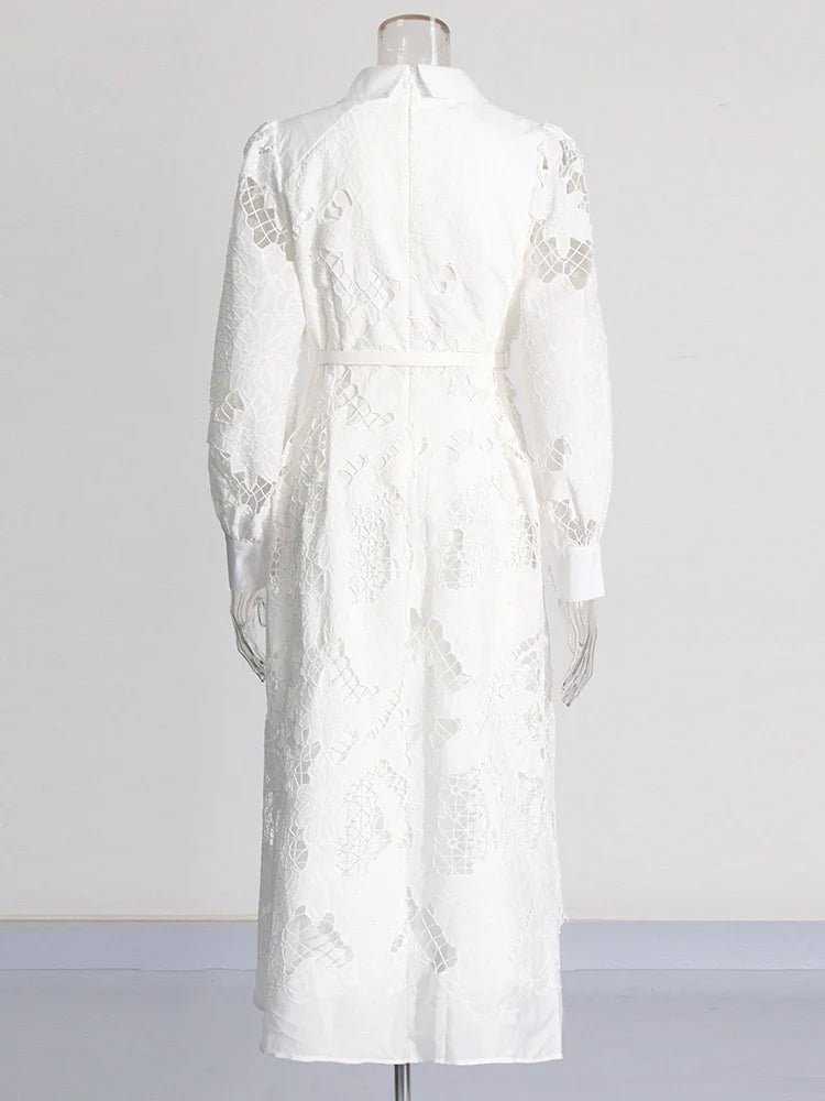 Patchwork Lace Hollow Dress Belted Lantern Sleeve For Women