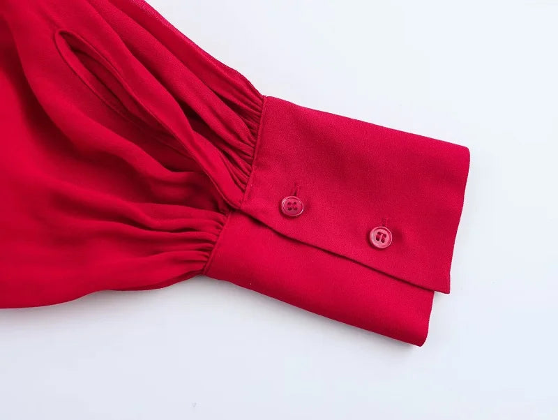 Red Bow Pleated Semi Sheer Womens Blouse Chic Button Up Shirt Elegant Spring Top for Women
