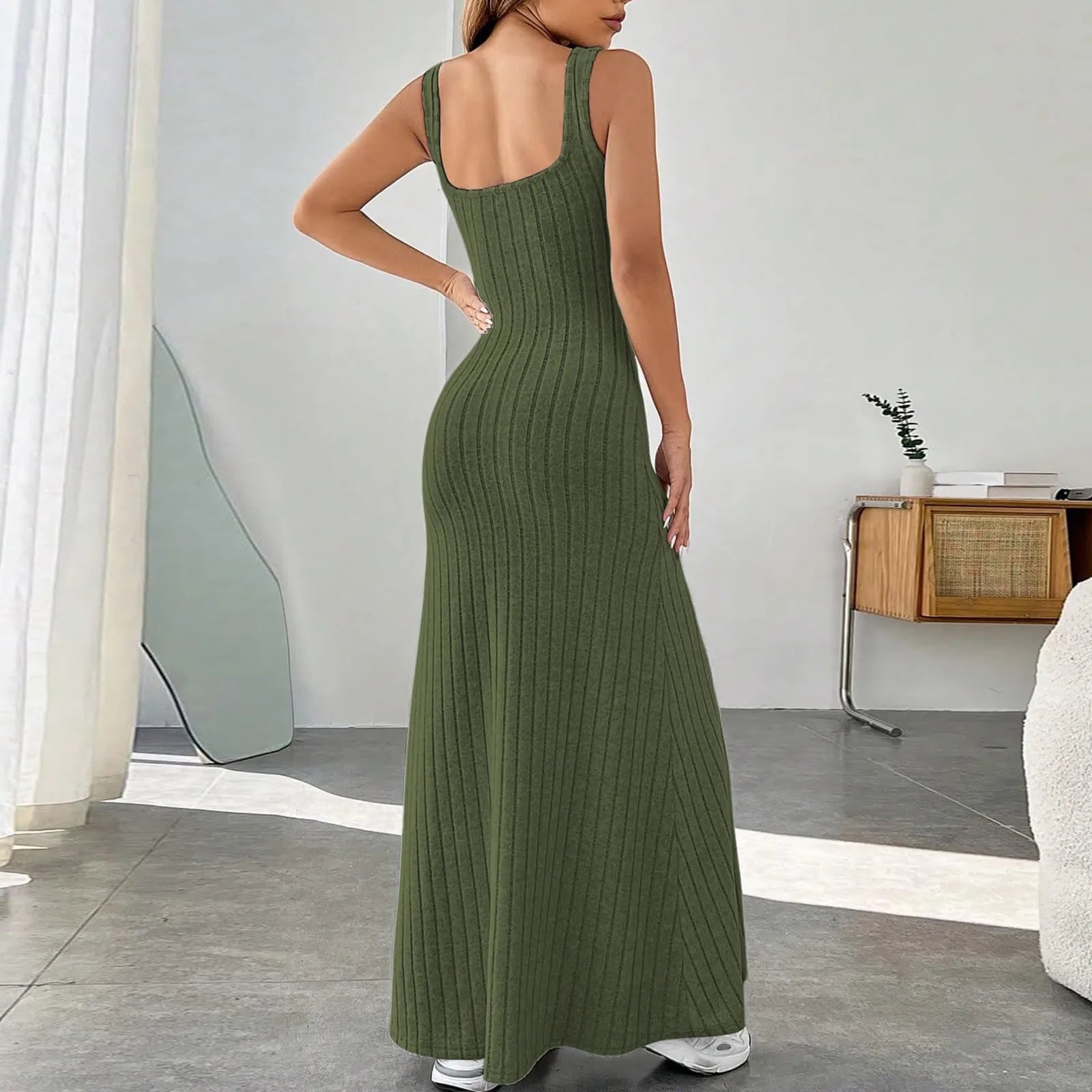 Floral Sundress For Women Pockets Square Neck Tank Dress