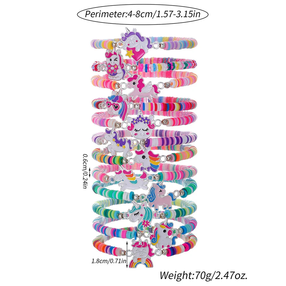 12Pcs Unicorn Cat Flower Charm Elastic Beaded Bracelets for Girls Birthday Party Jewelry Friendship Gift