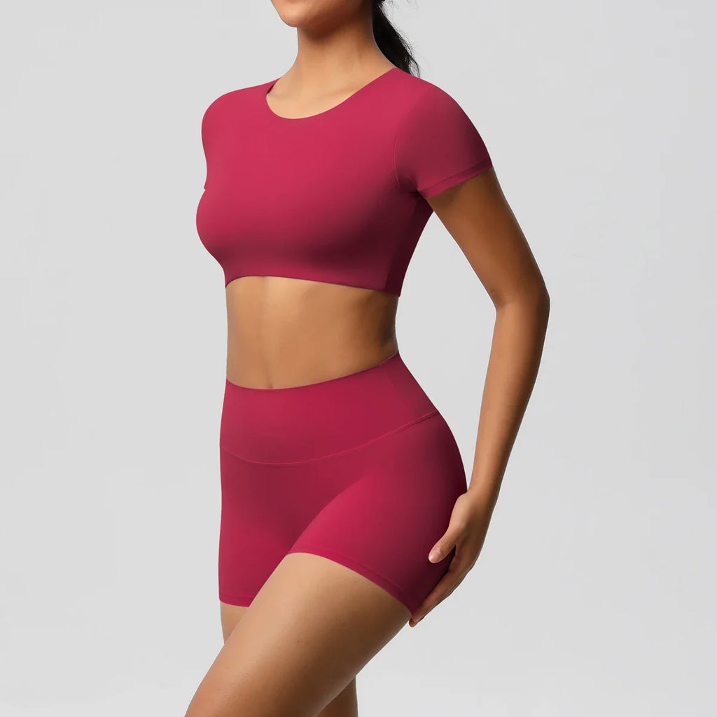 2PCS Women's Fitness Yoga Set High Waist Shorts with Short Sleeve Gym Top Seamless Sportswear Tracksuit for Activewear