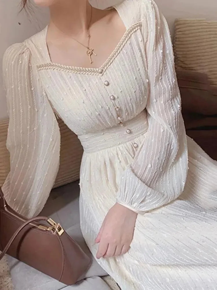 Elegant White Midi Dress For Women Vintage Princess Style