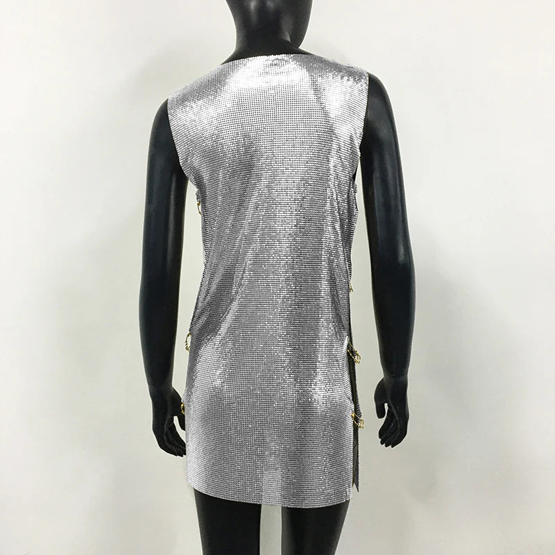 Y2K Metallic Sequins Mini Dress For Women Backless Clubwear