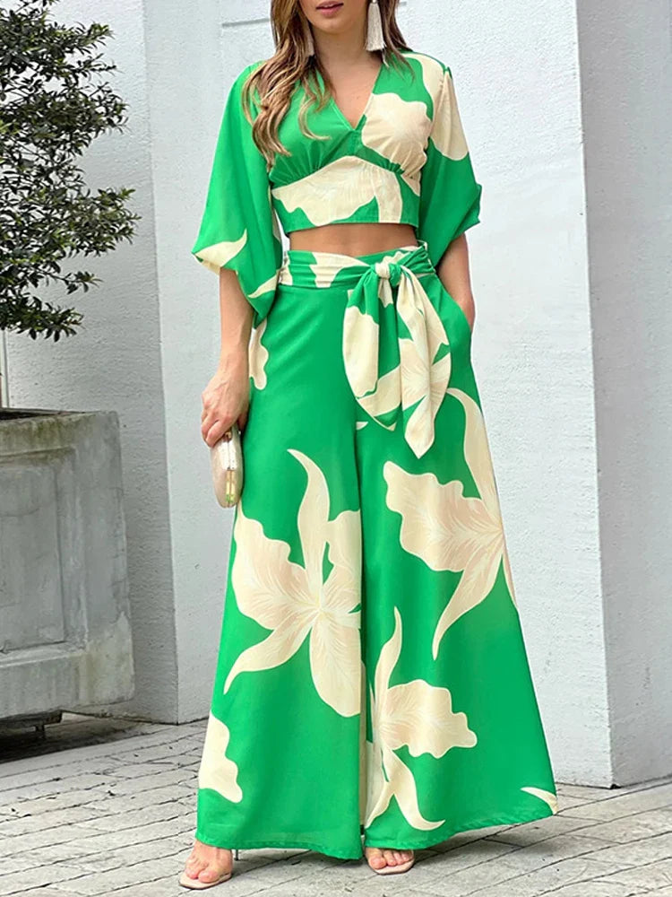 Casual Women's Two Piece Set Autumn V Neck Crop Top and High Waist Wide Leg Pants Outfit