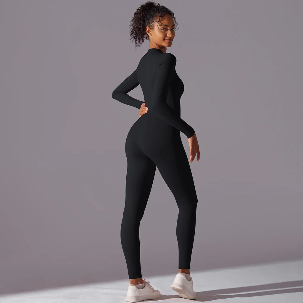Women Nude Zipper Yoga Jumpsuit Long Sleeve One Piece Leotard High Intensity Workout Fitness Dance Gym Aerial Activewear