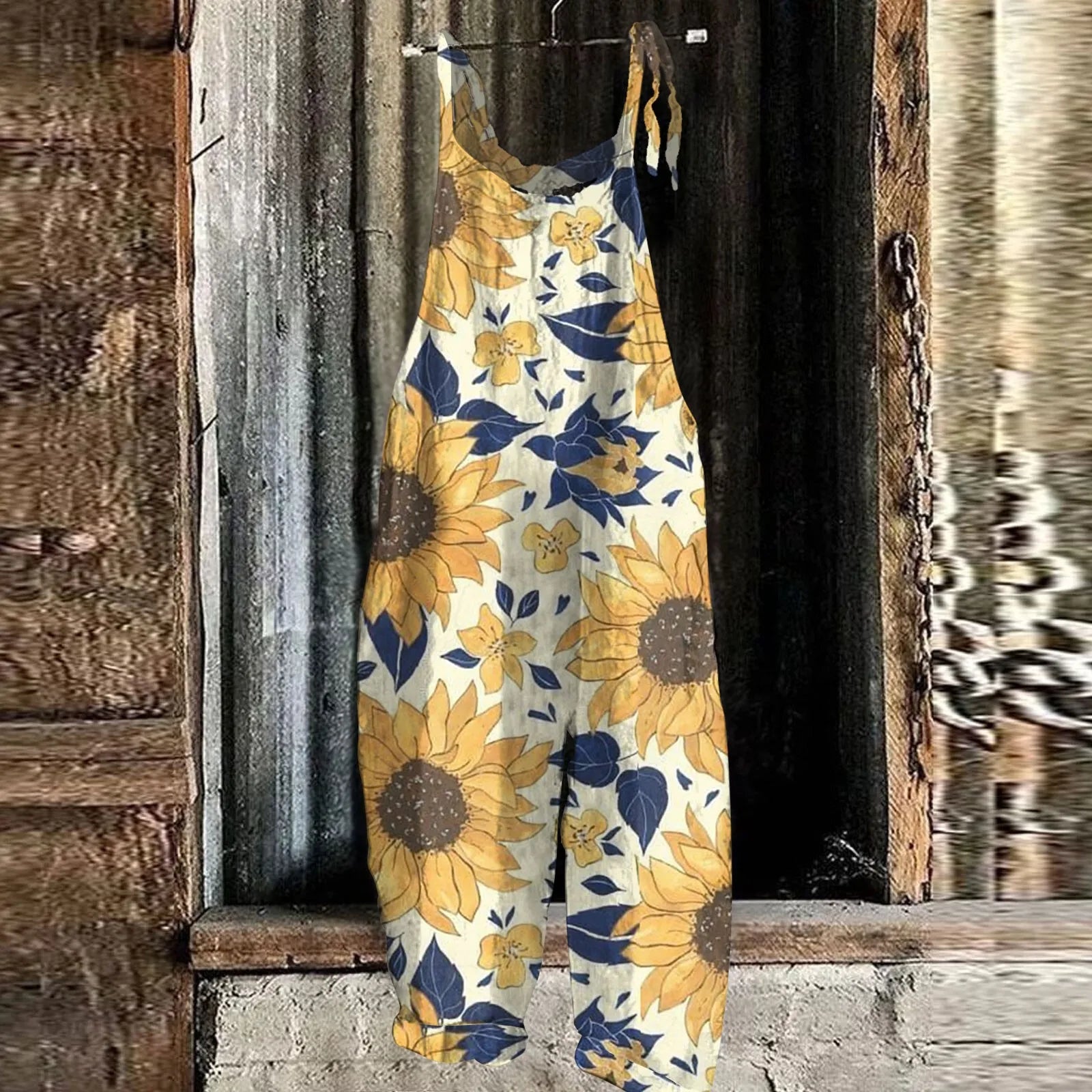 Sunflower Print Overalls for Women Casual Jumpsuit