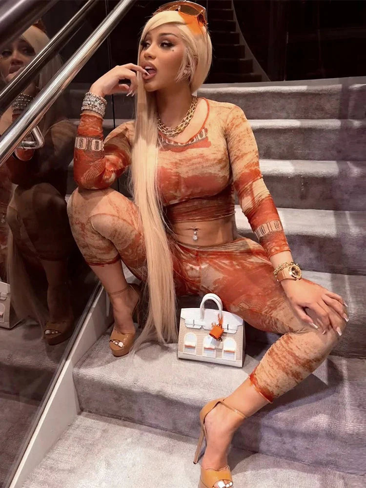 See Through Women 2 Piece Set Sexy Print Crop Top and Leggings Matching Summer Outfit