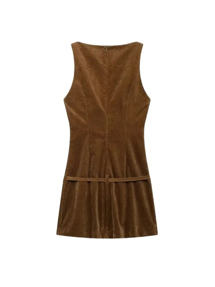 Corduroy Mini Dress With Belt O Neck Sleeveless Back Zipper