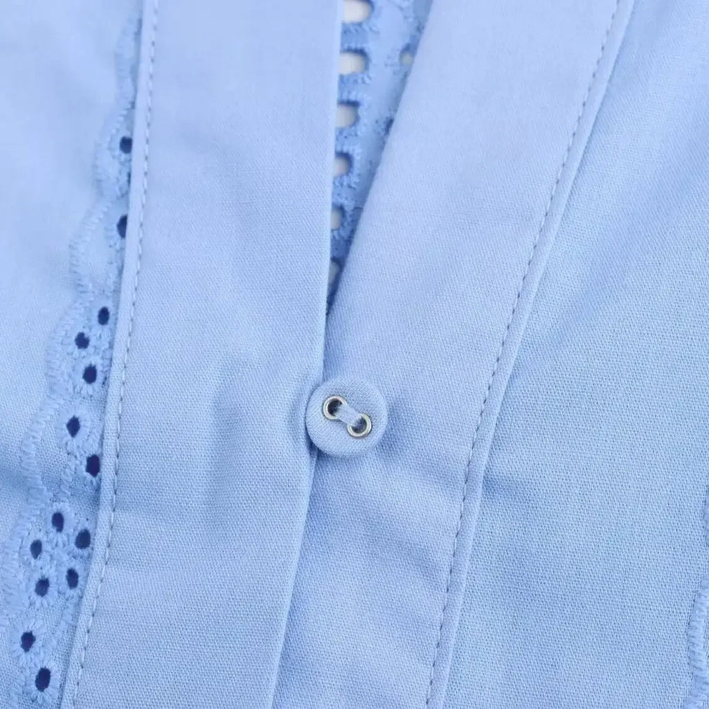 Loose Lace-Up White Shirt for Women Elegant Hollow Out Embroidered Puff Sleeve Cropped Top