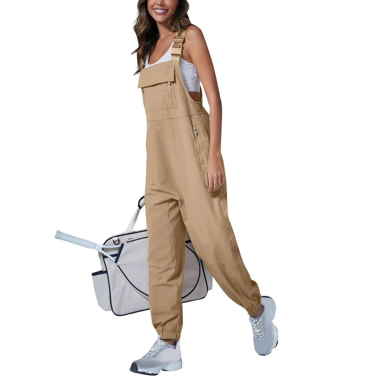 Women's Summer Casual Loose Wide Leg Jumpsuit with Adjustable Straps Pockets and Retro Button Detail Solid Color Sleeveless Overalls