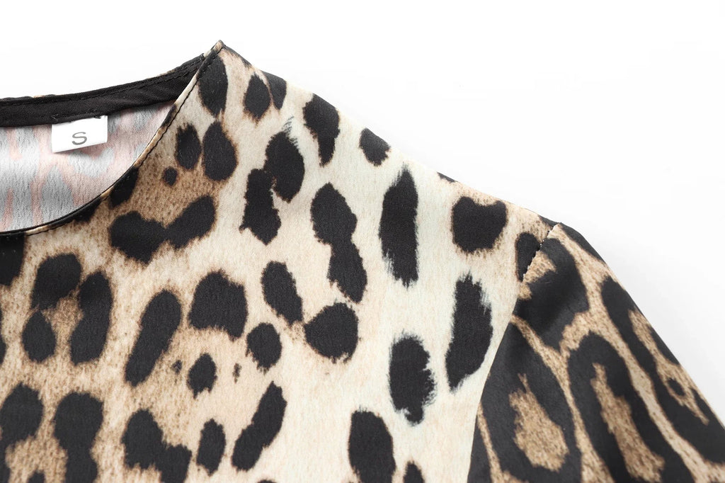 Leopard Print Midi Dress For Women Shirt Style Short Sleeve