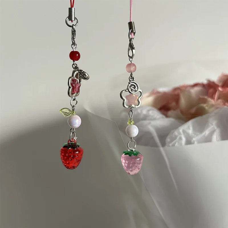 Lightweight Cute Strawberry Keychain Lanyard Cellphone Charm for Girls Aesthetic Jewelry
