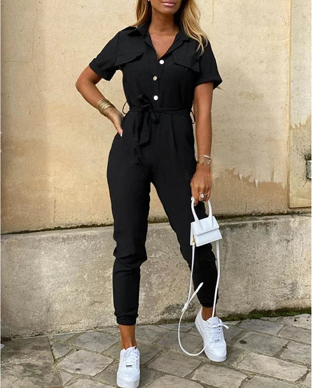 Casual Chic Overalls for Women Lapel Lace-Up Print Belted Work Jumpsuit One-Piece Bodysuit Elegant Long Sleeve Jumpsuit with Stylish Fit