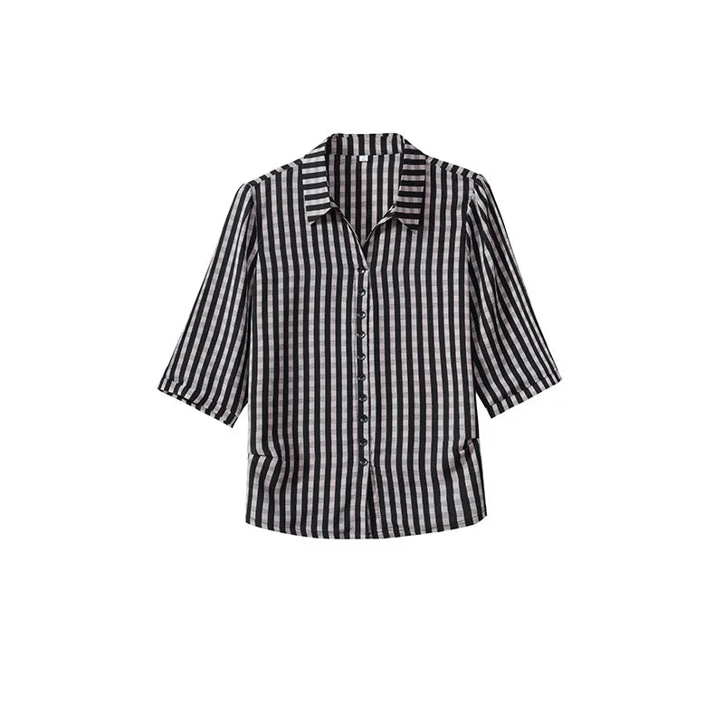 Elegant Plaid Print Loose Fit Button Down Shirt for Women with Turn Down Collar and Casual Half Sleeves Versatile Ladies Blouse Top for Everyday Wear