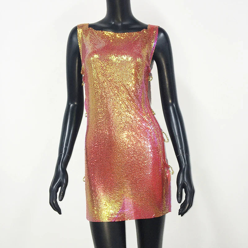 Y2K Metallic Sequins Mini Dress For Women Backless Clubwear