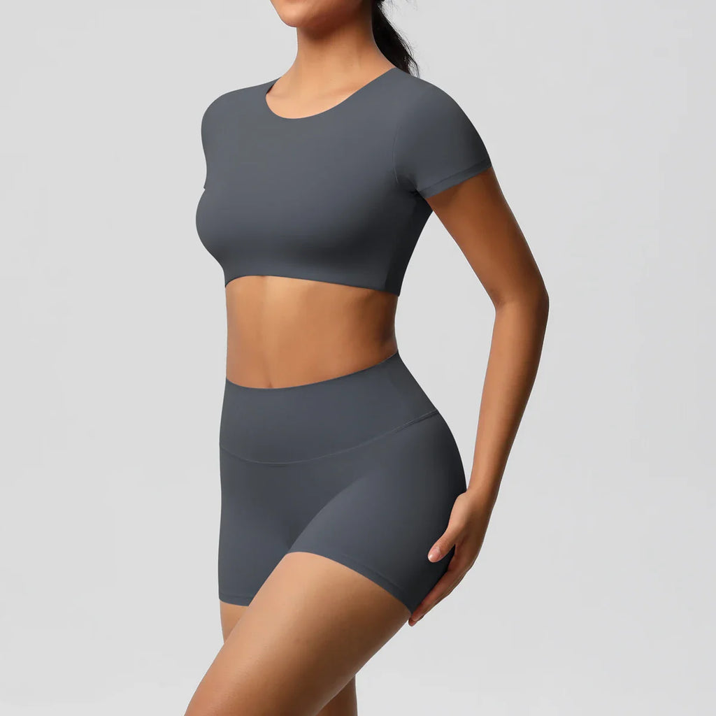 2PCS Women's Fitness Yoga Set High Waist Shorts with Short Sleeve Gym Top Seamless Sportswear Tracksuit for Activewear