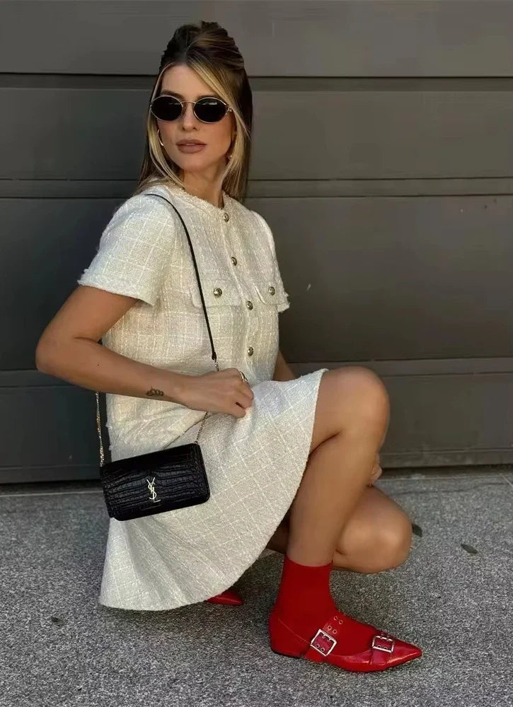 Women Textured Mini Dress Summer Round Neck Short Sleeve