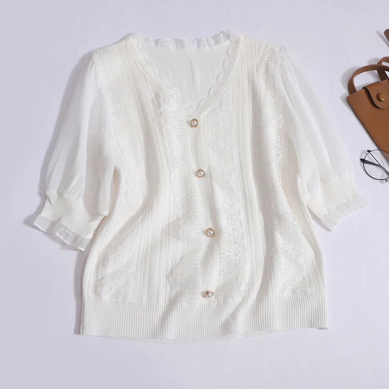Women's Spring Summer Chiffon Short Sleeve Top Vintage V Neck Lace Trim Pearl Button Blouse Ribbed Elastic Waist Pleated Casual Office Shirt